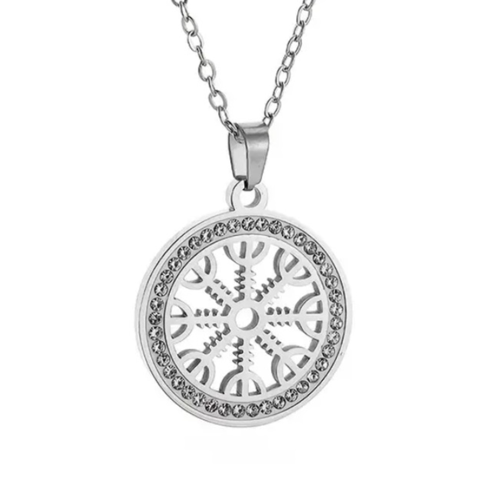 Stainless Steel Round Nordic Compass Pendant Necklace 20” Chain